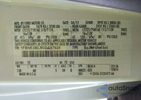 2012 Ford E-350 Super Duty Xlt z USA, uszkodzony, nr VIN 1FBNE3BL5CDA97925